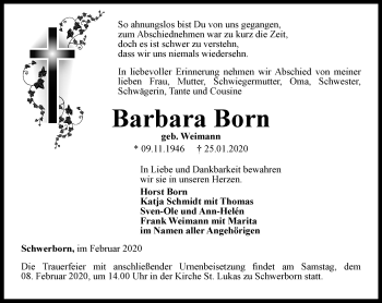 Traueranzeige von Barbara Born von Thüringer Allgemeine, Thüringische Landeszeitung