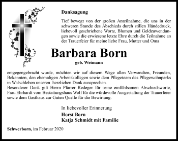 Traueranzeige von Barbara Born von Thüringer Allgemeine, Thüringische Landeszeitung