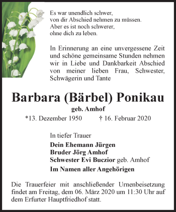 Traueranzeige von Barbara Ponikau von Thüringer Allgemeine, Thüringische Landeszeitung