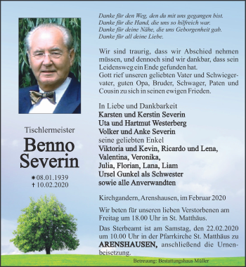 Traueranzeige von Benno Severin von Thüringer Allgemeine