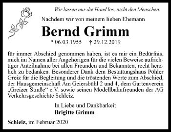 Traueranzeige von Bernd Grimm von Ostthüringer Zeitung