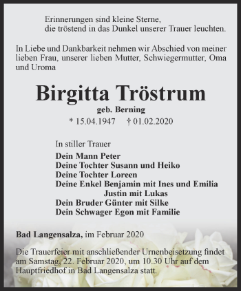 Traueranzeige von Birgitta Tröstrum von Thüringer Allgemeine, Thüringische Landeszeitung