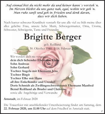 Traueranzeige von Brigitte Berger von Thüringer Allgemeine