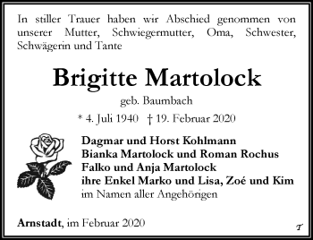 Traueranzeige von Brigitte Martolock von Thüringer Allgemeine