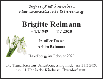 Traueranzeige von Brigitte Reimann von Ostthüringer Zeitung