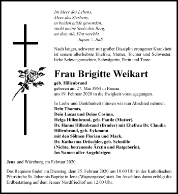 Traueranzeige von Brigitte Weikart von Ostthüringer Zeitung, Thüringische Landeszeitung