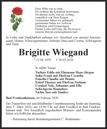 Traueranzeige von Brigitte Wiegand