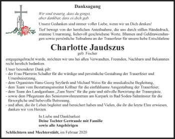 Traueranzeige von Charlotte Jaudszus von Ostthüringer Zeitung, Thüringische Landeszeitung