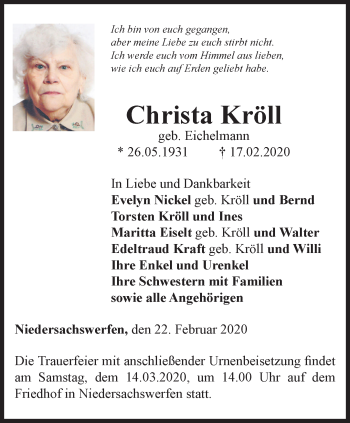 Traueranzeige von Christa Kröll von Thüringer Allgemeine