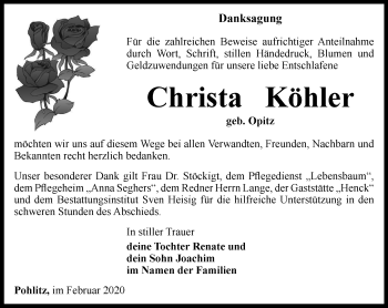 Traueranzeige von Christa Köhler von Ostthüringer Zeitung