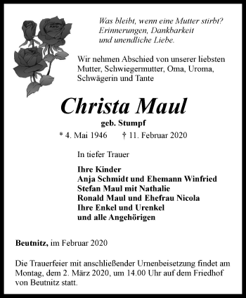 Traueranzeige von Christa Maul von Ostthüringer Zeitung, Thüringische Landeszeitung