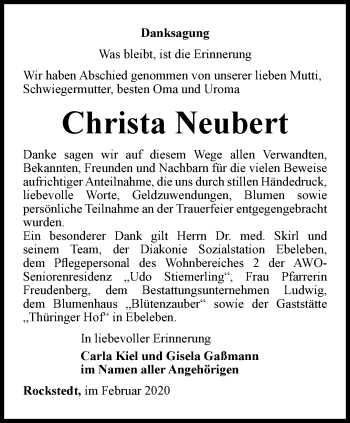Traueranzeige von Christa Neubert von Thüringer Allgemeine