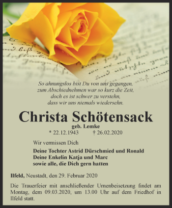 Traueranzeige von Christa Schötensack von Thüringer Allgemeine