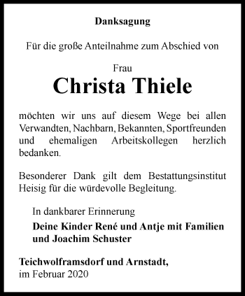Traueranzeige von Christa Thiele von Ostthüringer Zeitung