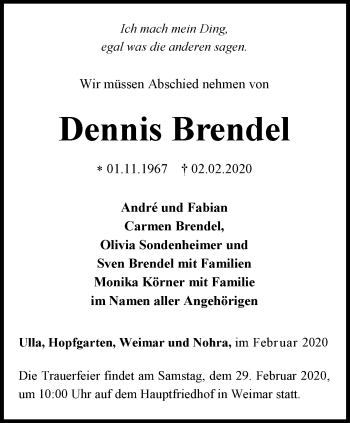 Traueranzeige von Dennis Brendel von Thüringer Allgemeine, Thüringische Landeszeitung