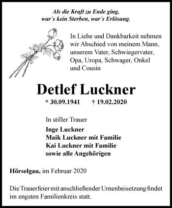 Traueranzeige von Detlef Luckner von Ostthüringer Zeitung, Thüringische Landeszeitung