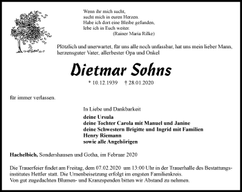 Traueranzeige von Dietmar Sohns von Thüringer Allgemeine