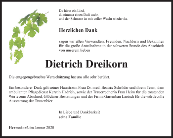 Traueranzeige von Dietrich Dreikorn von Ostthüringer Zeitung