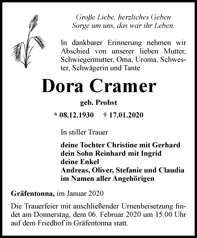  Traueranzeige für Dora Cramer vom 01.02.2020 aus Thüringer Allgemeine, Thüringische Landeszeitung