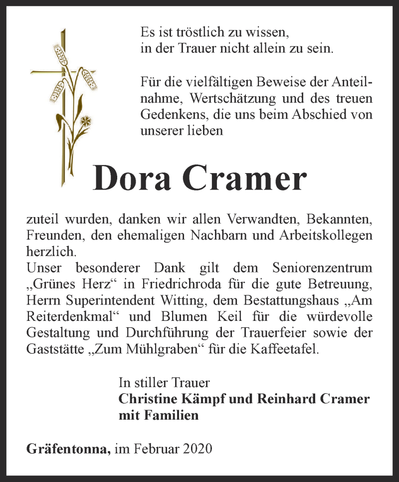  Traueranzeige für Dora Cramer vom 15.02.2020 aus Thüringer Allgemeine, Thüringische Landeszeitung