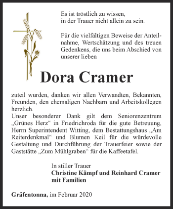 Traueranzeige von Dora Cramer von Thüringer Allgemeine, Thüringische Landeszeitung