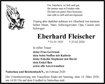 Traueranzeige von Eberhard Fleischer von Ostthüringer Zeitung