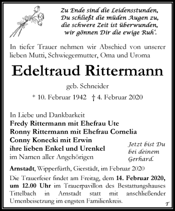 Traueranzeige von Edeltraud Rittermann von Thüringer Allgemeine