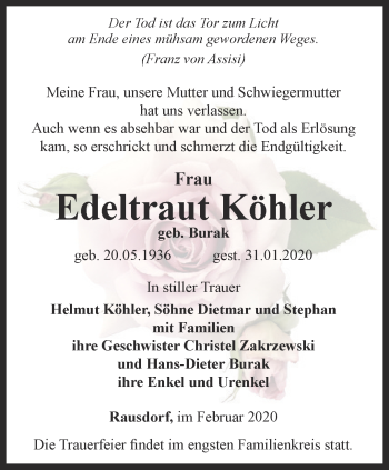 Traueranzeige von Edeltraut Köhler von Ostthüringer Zeitung