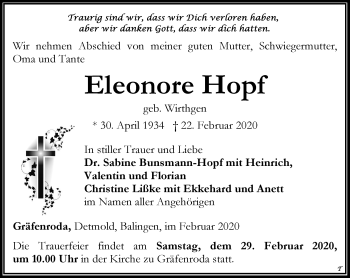 Traueranzeige von Eleonore Hopf von Thüringer Allgemeine