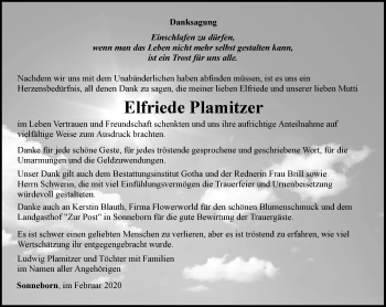 Traueranzeige von Elfriede Plamitzer von Ostthüringer Zeitung, Thüringische Landeszeitung