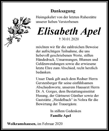 Traueranzeige von Elisabeth Apel von Thüringer Allgemeine