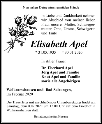 Traueranzeige von Elisabeth Apel von Thüringer Allgemeine