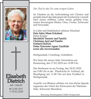 Traueranzeige von Elisabeth Dietrich von Thüringer Allgemeine