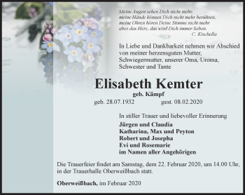 Traueranzeige von Elisabeth Kemter von Ostthüringer Zeitung