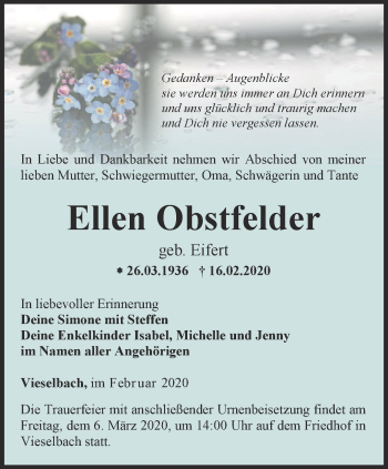 Traueranzeige von Ellen Obstfelder von Thüringer Allgemeine, Thüringische Landeszeitung