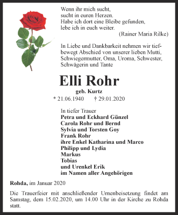 Traueranzeige von Elli Rohr von Thüringer Allgemeine, Thüringische Landeszeitung