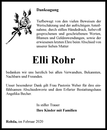 Traueranzeige von Elli Rohr von Thüringer Allgemeine, Thüringische Landeszeitung