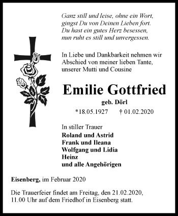 Traueranzeige von Emilie Gottfried von Ostthüringer Zeitung