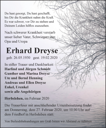 Traueranzeige von Erhard Dreyse von Thüringer Allgemeine, Thüringische Landeszeitung