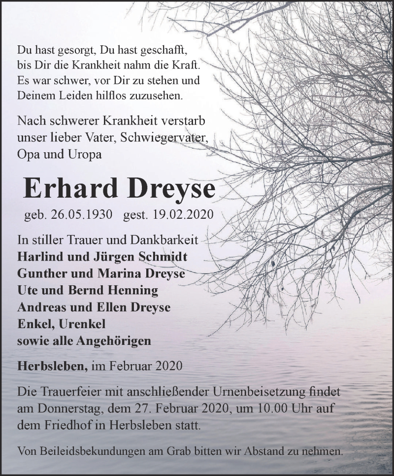  Traueranzeige für Erhard Dreyse vom 22.02.2020 aus Thüringer Allgemeine, Thüringische Landeszeitung