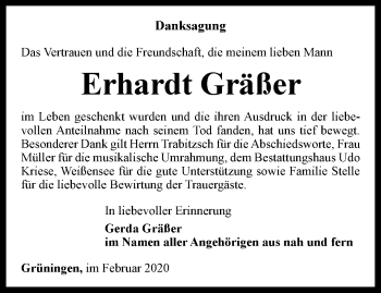 Traueranzeige von Erhardt Gräßer von Thüringer Allgemeine