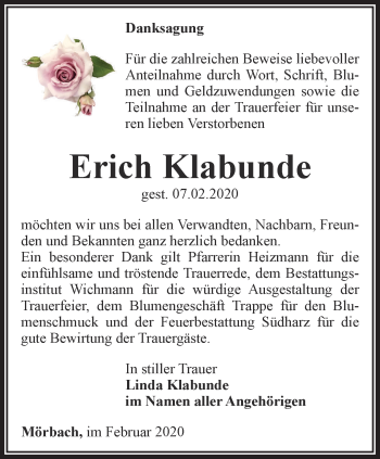 Traueranzeige von Erich Klabunde von Thüringer Allgemeine