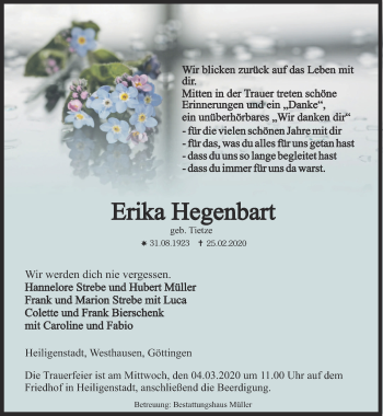 Traueranzeige von Erika Hegenbart von Thüringer Allgemeine