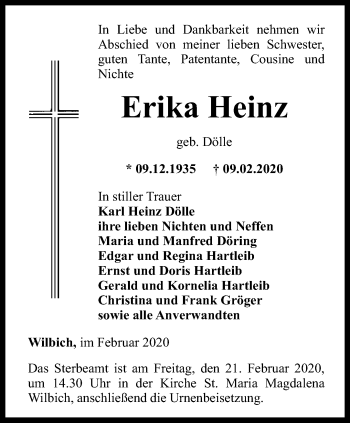 Traueranzeige von Erika Heinz von Thüringer Allgemeine