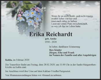 Traueranzeige von Erika Reichardt von Ostthüringer Zeitung, Thüringische Landeszeitung
