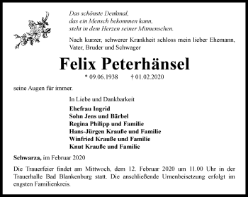 Traueranzeige von Felix Peterhänsel von Ostthüringer Zeitung