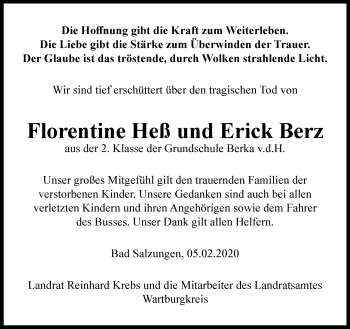 Traueranzeige von Florentine und Erick Heß und Berz von Thüringer Allgemeine, Thüringische Landeszeitung