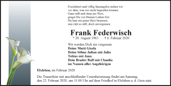 Traueranzeige von Frank Federwisch von Thüringer Allgemeine, Thüringische Landeszeitung