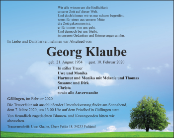 Traueranzeige von Georg Klaube von Thüringer Allgemeine