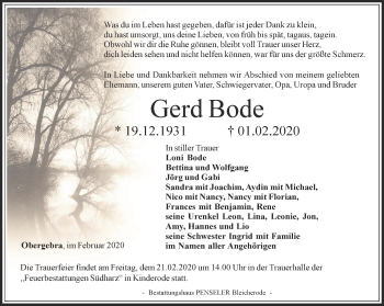 Traueranzeige von Gerd Bode von Thüringer Allgemeine